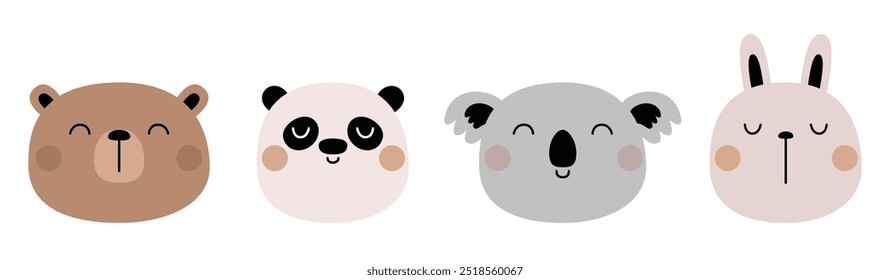 Cute panda, koala, grizzly bear, bunny rabbit set. Funny face head. Kawaii cartoon character. Happy Valentines Day. Childish style. Sticker print. Greeting card. White background. Flat design. Vector