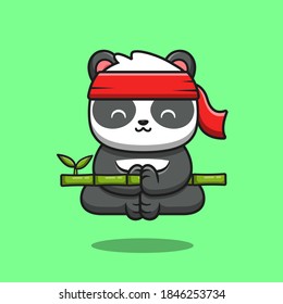 Cute Panda Kungfu Meditation  Holding Bamboo Cartoon Vector Icon Illustration. Animal Nature Icon Concept Isolated Premium Vector. Flat Cartoon Style