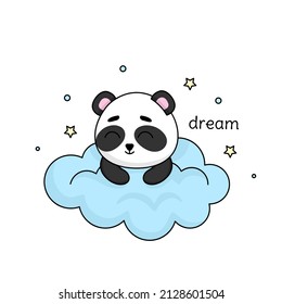 Cute panda lies with closed eyes on the cloud and dreams or sleeps. Vector illustration isolated on white background. 