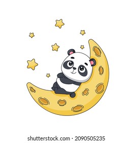 A cute panda lies on the moon, looks up, among the star. Postcard in cartoon kawaii style. Vector for design, banners, children's books and patterns