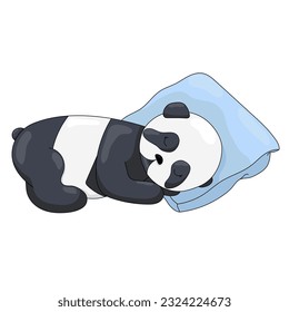 
A cute panda lies on a pillow and sleeps on a white background. Vector illustration. Beautiful black and white animal.