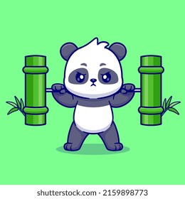 Cute Panda Lifting Bamboo Barbell Cartoon Vector Icon Illustration. Animal Nature Icon Concept Isolated Premium Vector. Flat Cartoon Style