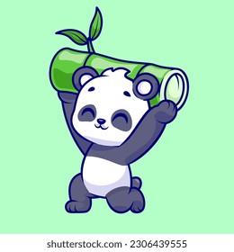 Cute Panda Lifting Bambus Cartoon Vektorsymbol Illustration. Tiernatur-Symbol Konzept isolierter Premium-Vektorgrafik. Flachbildkartonstil