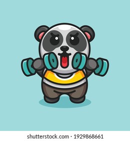 Cute panda lifting dumbbells mascot