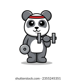 Cute Panda Lifting Weights Vector Cartoon Illustration. Isolated Cute Animal Mascot Character.