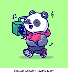 Cute Panda Listening Music With Boombox Cartoon Vector Icon Illustration. Animal Music Icon Concept Isolated Premium Vector. Flat Cartoon Style