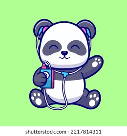 Cute Panda Listening Music With Earphone Cartoon Vector Icon Illustration. Animal Music Icon Concept Isolated Premium Vector. Flat Cartoon Style