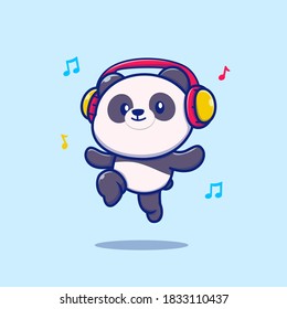 Cute Panda Listening Music With Headphone Cartoon Vector Icon Illustration. Animal Music Icon Concept Isolated Premium Vector. Flat Cartoon Style