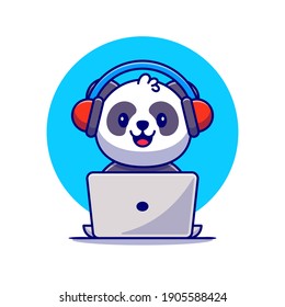 Cute Panda Listening Music With Headphone And Laptop Cartoon Vector Icon Illustration. Animal Music Icon Concept Isolated Premium Vector. Flat Cartoon Style