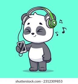 Cute Panda Listening Music With Headphone Cartoon Vector Icon Illustration. Animal Music Icon Concept Isolated Premium Vector. Flat Cartoon Style