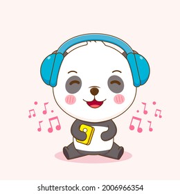 Cute panda listening to music. Vector illustration of chibi character.