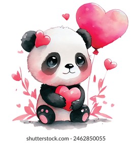 Cute panda with little heart for valentine's day or Love Themed panda. lovers day. Cute Baby Animals Valentine's Day. Vector illustration.