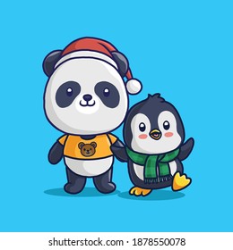 Cute Panda and little penguin in christmas.