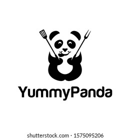 Cute panda logo is funny and is liked by many people. Yummy Panda silhouette Logo design vector template.