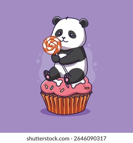  Cute panda with lollipop and cupcake halloween . vector illustration.
