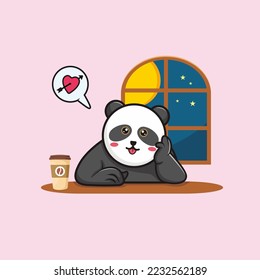 Cute panda in love, drinking coffee at night