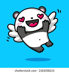 Cute panda in love. Flat vector illustration of jumping kawaii character with wings and hearts in its eyes. Concept for card, sticker, print, logo, icon.