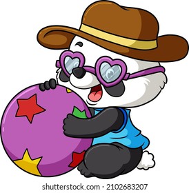 The cute panda with the love glass is holding the circus ball of illustration