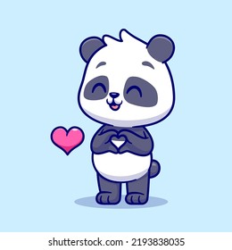 Cute Panda With Love Heart Sign Hand Cartoon Vector Icon Illustration. Animal Nature Icon Concept Isolated Premium Vector. Flat Cartoon Style