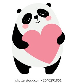 Cute panda in love holding a big heart, valentine's day illustration. Flat vector illustration in simple childish style