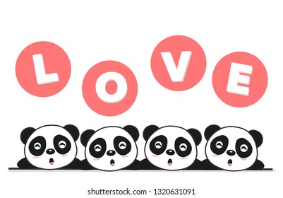 Cute Panda with LOVE letters. Valentine greeting card. 