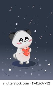 A cute panda with love in the night sky illustration