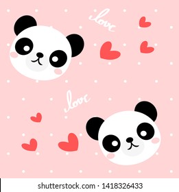 Cute panda in love on pink with white dot background.