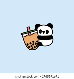 Cute panda loves bubble tea cartoon, vector illustration