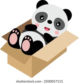 Cute panda lying in cardboard box