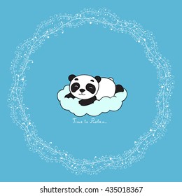 Cute panda lying on the cloud in floral round frame on a blue background. Vector illustration. Greeting card