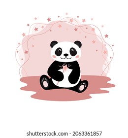 Cute panda with magic wand on the peach clouds with stars background. Vector illustration in flat stile.