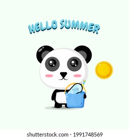 Cute panda mascot carrying a bucket with summer greetings
