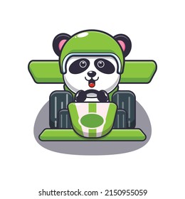 cute panda mascot cartoon character riding race car