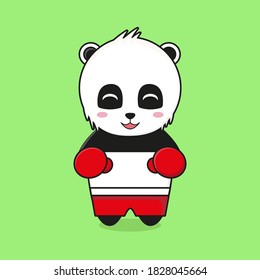 Cute panda mascot character illustration play boxing. Design isolated on green background.