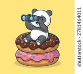 Cute panda mascot vector illustration sitting while peeking through binoculars on a pile of chocolate donuts and strawberry donuts with colorful toppings.