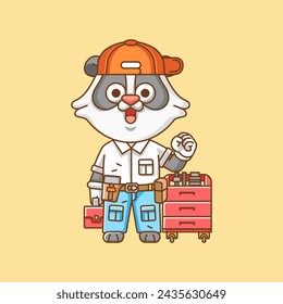 Cute panda mechanic with tool at workshop cartoon animal character mascot icon flat style illustration concept set