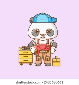 Cute panda mechanic with tool at workshop cartoon animal character mascot icon flat style illustration concept set