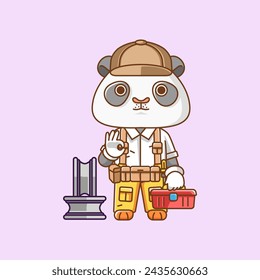 Cute panda mechanic with tool at workshop cartoon animal character mascot icon flat style illustration concept set