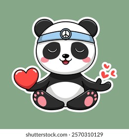 Cute Panda Meditating with a Heart, Peaceful and Loving Cartoon Illustration