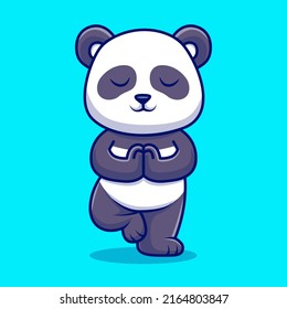 Cute Panda Meditando La Ilustración Del Icono Del Vector De Caricaturas De Yoga. Vector Premium Aislado De Icono De Deportes Animales. Estilo de dibujo plano