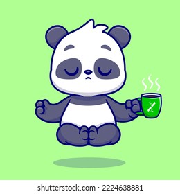 Cute Panda Meditation Yoga With Coffee Cartoon Vector Icon Illustration. Animal Sport Icon Concept Isolated Premium Vector. Flat Cartoon Style