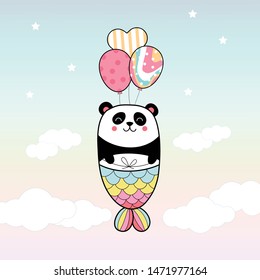 cute panda mermaid flying with balloon in the sky with pastel colors. kawaii