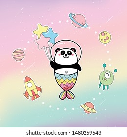 Cute Panda Mermaid Holding Balloons In The Galaxy With Stars And Rocket.pastel Colors Background. Kawaii Cartoon