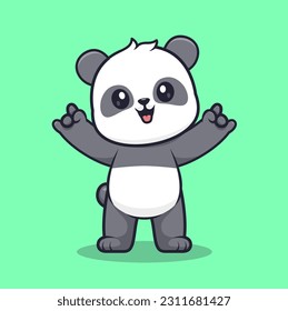 Cute Panda With Metal Hand Cartoon Vector Icon Illustration. Animal Nature Icon Concept Isolated Premium Vector. Flat Cartoon Style