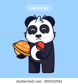 Cute panda with mon cartoon vector icon illustration