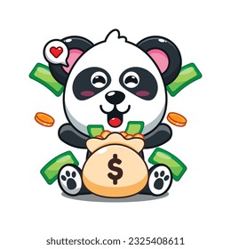 cute panda with money bag cartoon vector illustration.
