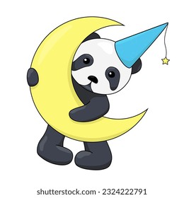 Cute panda with the moon in his hands and a cap on his head on a white background. Vector illustration. Beautiful black and white animal.