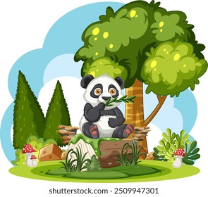 Cute panda munching bamboo in a lush forest