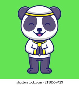 Cute Panda as a Muslim in Cartoon. Ramadan Vector Illustration. Flat Style Concept.