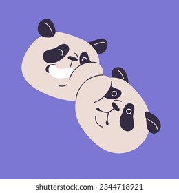 Unas muzzles de panda. Un par de osos asiáticos sonríen y se ríen. Un par de caras divertidas y felices. Emoción de personajes mullidos en China, estilo infantil, pegatina. Ilustración vectorial aislada plana